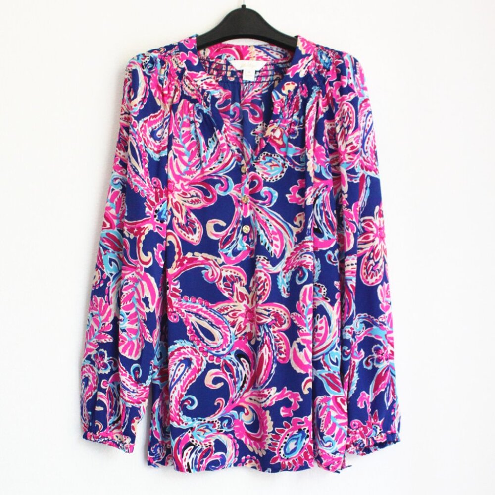 NEW Lilly Pulitzer Elsa Silk Top, Multi Flitting About, Size M, XL